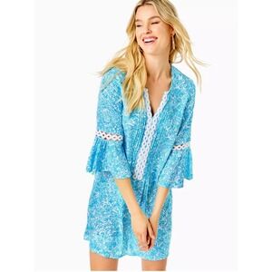 Lilly Pulitzer Hollie Blue White Bell Sleeve Tunic Dress Size M